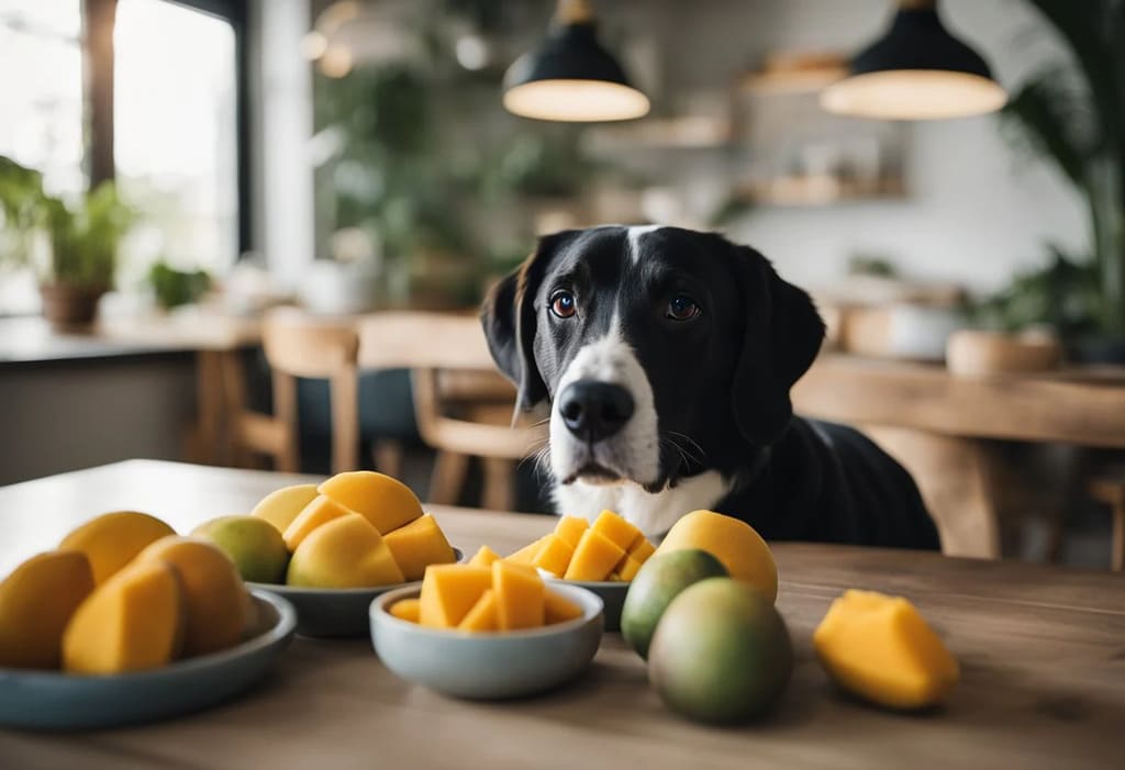 Black Dog looking at mangoes